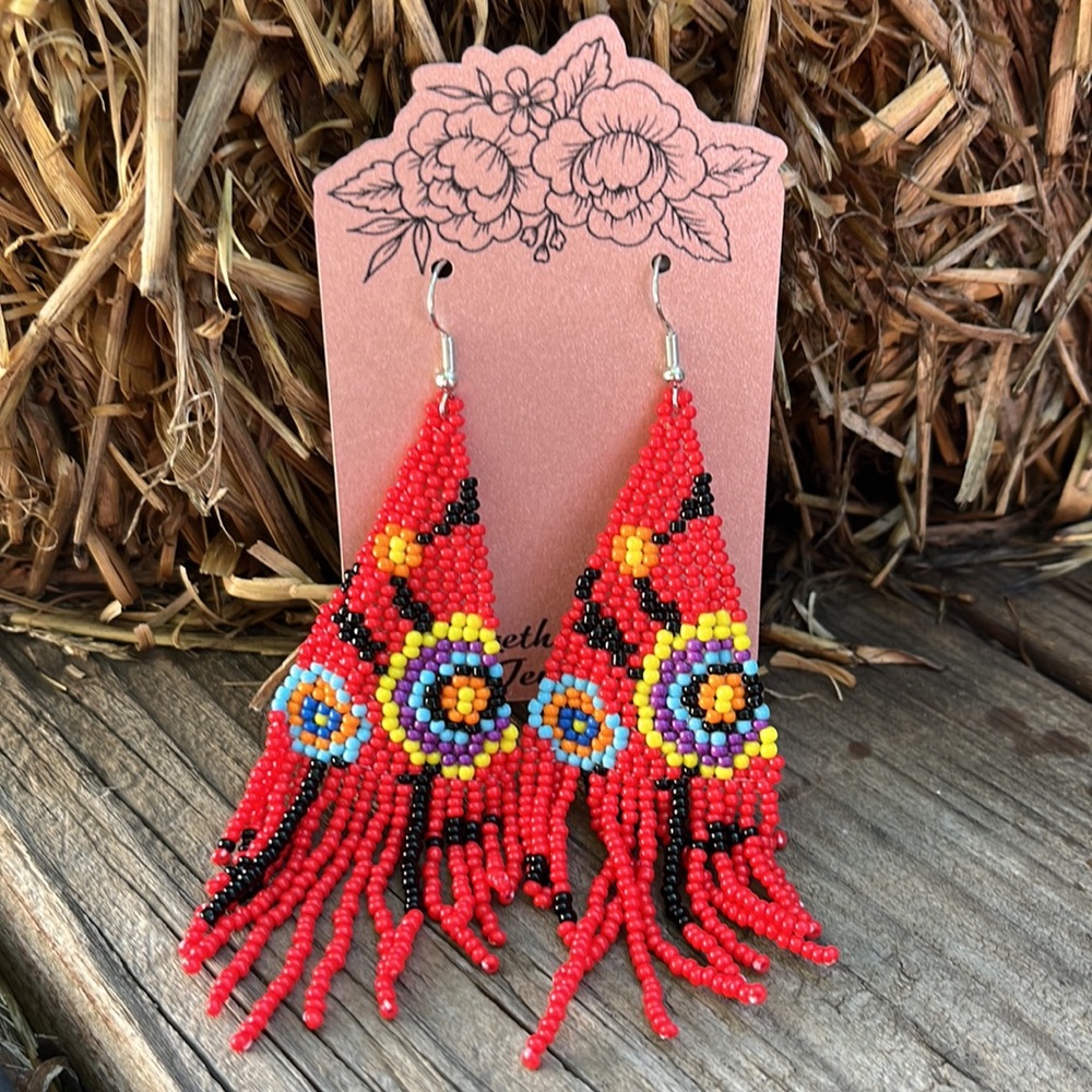 Bohemian Handmade Red Flower Seed Bead Earrings